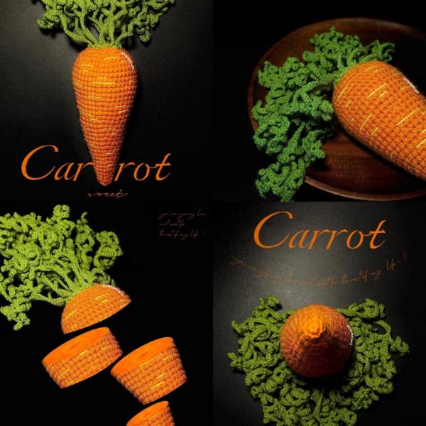 Crochet carrot amigurumi side view showing stitched surface details and green leaves