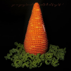 Crochet carrot amigurumi side view showing stitched surface details and green leaves