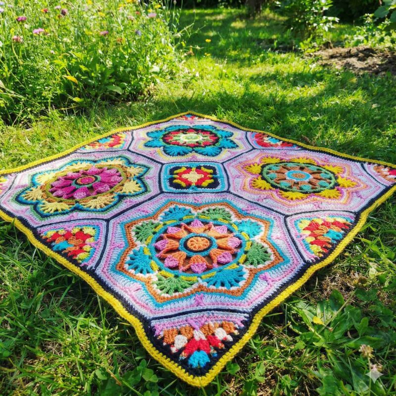 finished octagon motif crochet blanket on grass